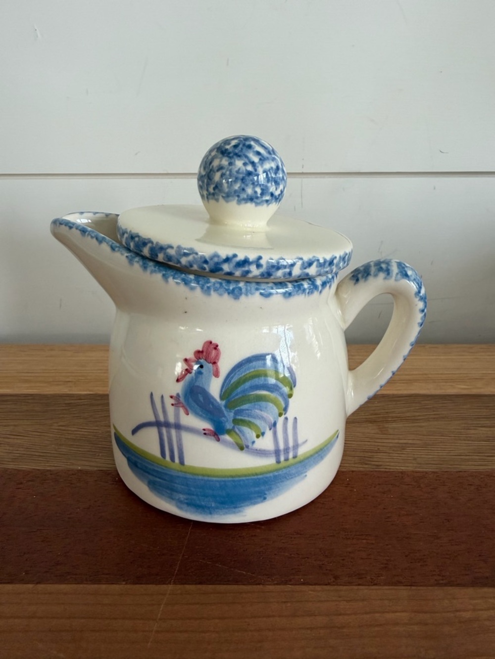 Vintage Los Angeles Pottery Blue Stipple with Rooster Pitcher with Lid